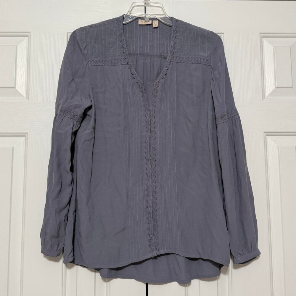 LOGO Lavish by Lori Goldstein Woven Crepe Top with Crochet Trim, Purple, Size S